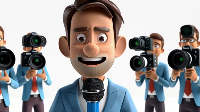 A 3D cartoon animation, isolated on a white background, shows a candidate interviewing the media while microphones and cameras are all around them.
