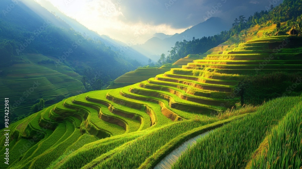 Poster a scenic shot of terraced rice fields with a winding path between the layers, showcasing the harmoni