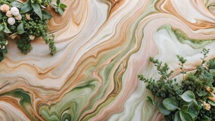 A stunning marble background with flowing patterns and green foliage arrangements on both sides.