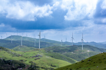 Wind turbines standing on the green prairie represent green environmental protection, sustainable development and protecting the earth