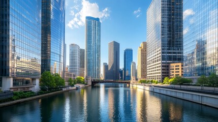 A scenic shot of towering office buildings along a river, with a clear blue sky and calm water, capturing the harmony between the modern architecture and natural environment.