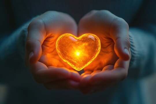 Hands holding glowing heart, symbol of love and care.