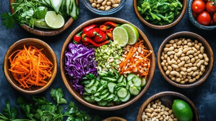 An overhead view of a colorful Thai salad, like som tam, featuring fresh vegetables, peanuts, and lime, beautifully arranged to showcase its freshness and flavor.