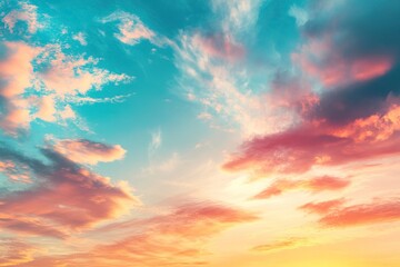 Fototapeta premium Real majestic sunrise sundown sky background with gentle colorful clouds without birds. Panoramic, generative ai