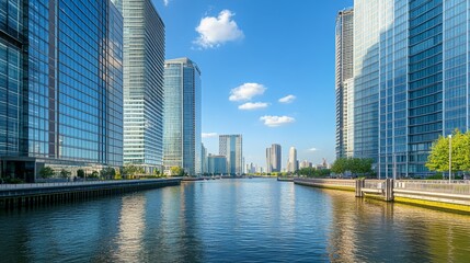 Fototapeta premium A scenic shot of towering office buildings along a river, with a clear blue sky and calm water, capturing the harmony between the modern architecture and natural environment.