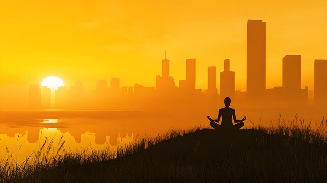Person meditating at sunset, city skyline