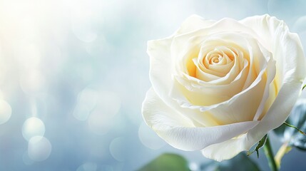 Top view of a white rose with a soft-focus background, leaving plenty of room on one side for copy or promotional information.