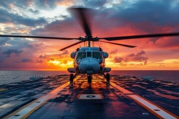 Coast Guard helicopter on a mission silhouetted