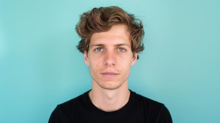 Fototapeta premium Young European Man in Black Shirt Against Teal Background