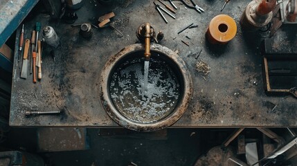 Top view of an industrial-style tap with water flowing into a rustic metal sink, surrounded by tools and materials in a workshop setting.