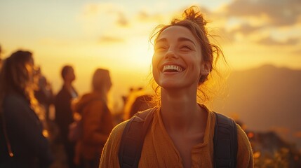 community bonding through laughter yoga on a beautiful mountaintop at sunrise highlighting the healing power of joy and nature