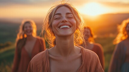 community bonding through laughter yoga on a beautiful mountaintop at sunrise highlighting the healing power of joy and nature