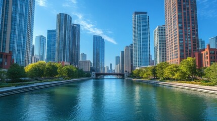Fototapeta premium A scenic shot of towering office buildings along a river, with a clear blue sky and calm water, capturing the harmony between the modern architecture and natural environment.