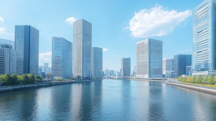 Fototapeta premium A scenic shot of towering office buildings along a river, with a clear blue sky and calm water, capturing the harmony between the modern architecture and natural environment.