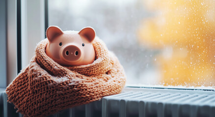 A piggy bank wrapped in a warm knitted scarf sits on a radiator by the window, while snow falls outside. The image symbolizes saving energy and financial planning during winter