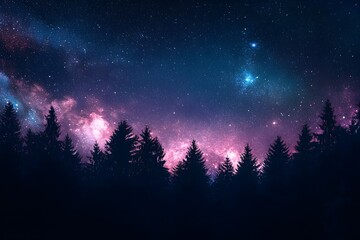 night sky in the forest full of galaxies, stars and nebula	