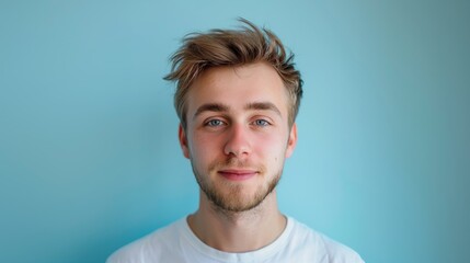 Fototapeta premium Portrait of a Young Man with Casual Style on Light Blue Background
