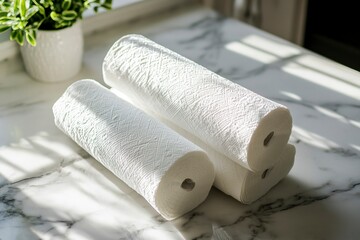 Rolls of paper towels on marble table .generative ai