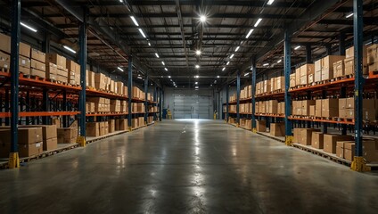 Spacious warehouse with high shelves and modern lighting.