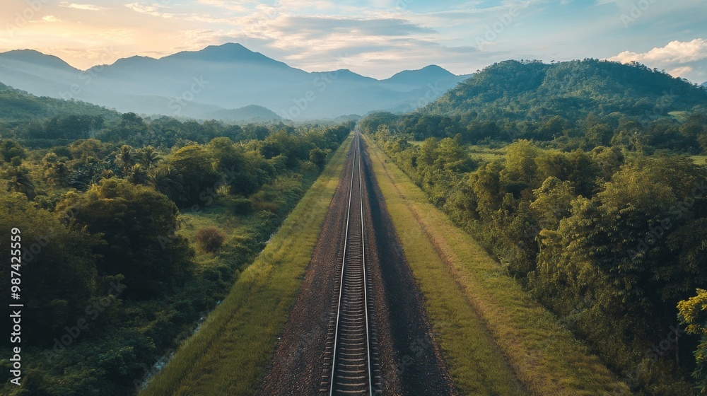 Poster a scenic view of railway tracks stretching into the distance, surrounded by lush green landscapes an