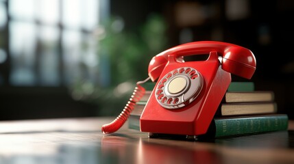 A retro style phone with a bright red dial, placed on a vintage desk with a stack of old books, capturing the essence of a bygone era.