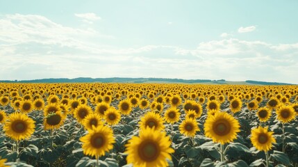 Obraz premium Wide shot of a sunflower field with the horizon line providing ample space at the bottom for text or product information.