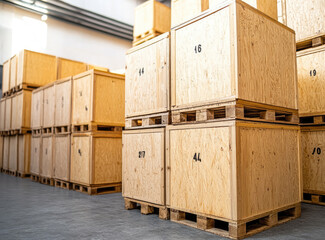 Stacked wooden crates sitting on pallets in warehouse storage