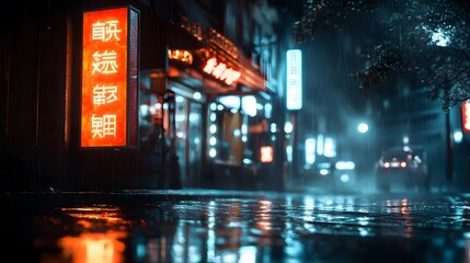 A street drenched in rain, blurry reflections on the ground, and a lone tea shop sign glowing softly in the night, high quality, sharp images, graphic, illustration