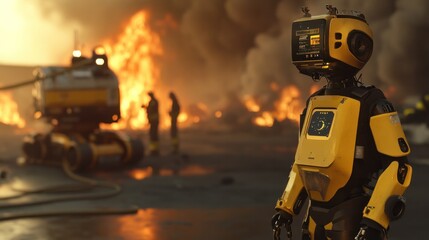 AI-powered robots working alongside firefighters, using autonomous systems to support rescue efforts in smoke-filled and hazardous environments