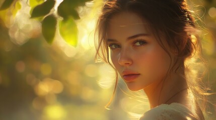 Fototapeta premium A serene image of a woman with a peaceful expression and natural beauty, captured in soft, diffused light to highlight her calm and composed demeanor.