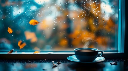 A melancholic rainy afternoon, blurred trees outside the window, and a steaming cup of tea on the table, high quality, sharp images, graphic, illustration