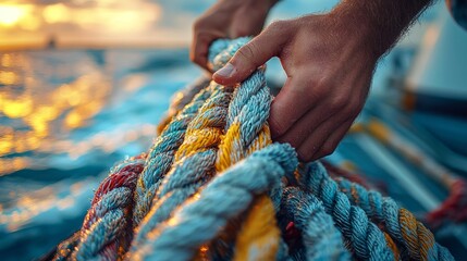 Detail of hands cleating off superyacht mooring lines on the foredeck with teak deck and stainless steel fittings