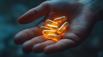 hand holding new glowing medicine capsules, symbolizing a revolutionary treatment in healthcare, offering innovative solutions and a breakthrough approach to health care
