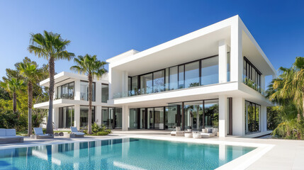 Modern two-story villa with white exterior walls, glass windows, and balcony railings overlooking the swimming pool in front of it