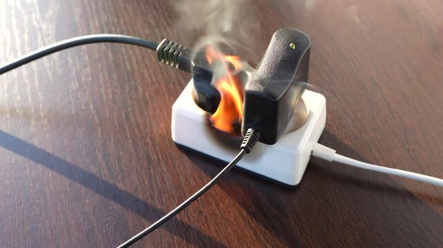 Electrical Short Circuit. Burning socket. Outlets, plug in fire. Short circuit in Overloaded Electrical Plug Socket. Fire socket of electricity plug switch. Burned plug with electric splitter.
