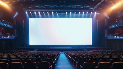 Modern convention hall with a large blank screen for presentations or conferences