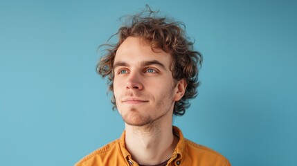 Obraz premium Thoughtful Young Man with Curly Hair in Yellow Shirt Against Blue Background
