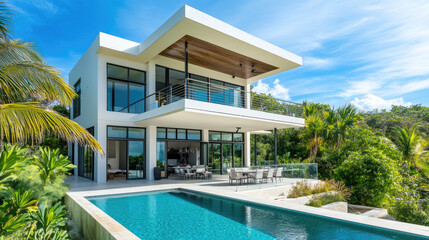 Fototapeta premium Modern two-story villa with white exterior walls, glass windows, and balcony railings overlooking the swimming pool in front of it