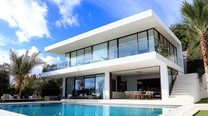 Fototapeta premium Modern two-story villa with white exterior walls, glass windows, and a swimming pool in front of the house. 