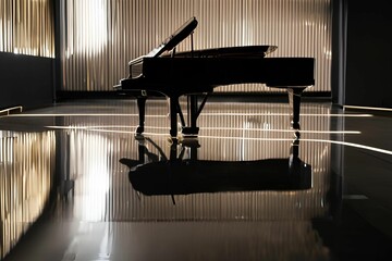 A dramatic image of a grand piano illuminated by a single spotlight in an otherwise dark room,...