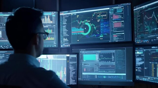 Man in Glasses Looking at Multiple Computer Monitors Displaying Financial Data and Charts