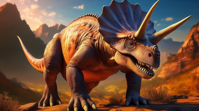 long and 3 meters high. Weight: Approximately 6-12 tons. Curiosity: Its large skull had three horns and a ruff that it used to defend itself from predators.