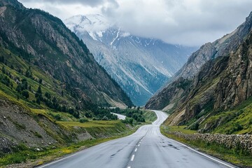 Naklejka premium The highway is quiet and looks like a beautiful mountain .generative ai