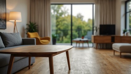 Table with copy space and a blurred modern living room view.