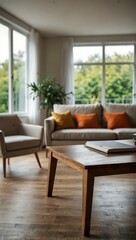 Table with copy space and blurred modern living room view.