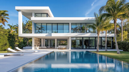 Fototapeta premium Modern two-story villa with white exterior walls, large glass windows and balcony railings, near the swimming pool in a tropical climate area