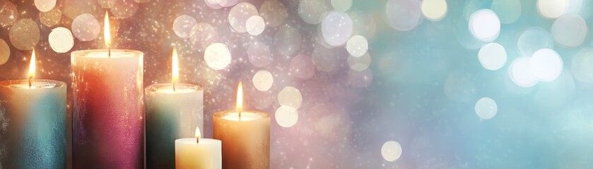 A serene composition of colorful candles glowing softly against a blurred background, creating a warm and inviting atmosphere.