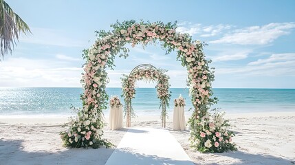 Elegant wedding arch adorned with flowers and personalized signage, creating a picturesque backdrop for a unique wedding setting 