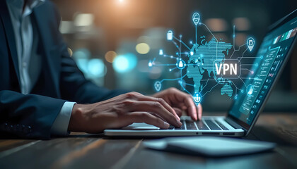 businessman typing on laptop with ecommerce concept, studying online in the style of network digital marketing. global internet connection data technology background