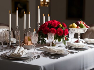 Fototapeta premium Elegant dinner table setting with roses and candlelight ambiance